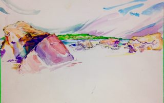 watercolour painting of rocks with river and far shoreline under a pastel sky