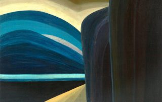 Oil painting in an abstract style depicting towering round topped cliffs in the right half of the painting in shades of deep blues and black. A angular sandy beach at the foot of the cliffs completes the bottom of the painting. Water in a triangle in shades of darkest blue to light blue at the left of the painting. Rounded shapes in bands of blues, cream, grey and greens above the water and to the left of the cliffs.