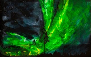 Painting depicting night sky with green northern lights and a tree in centre.
