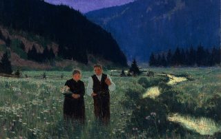 painting of a man and a woman walking in a flower meadow beside a stream. Hills in background. The woman is holding a bunch of white flowers.