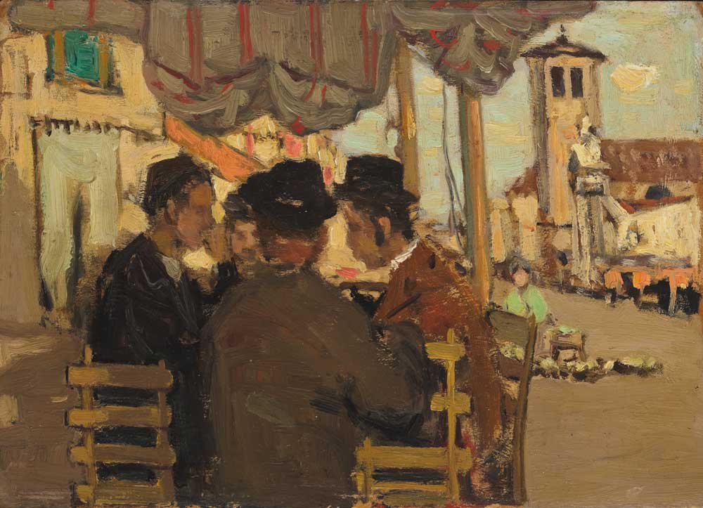 painting of four people sitting at a table under a canopy at the side of a street