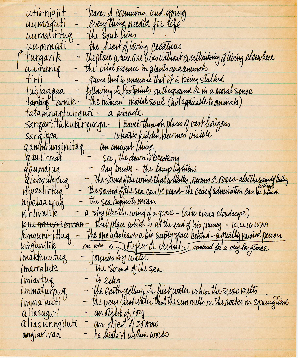 handwritten page of Inuktitut words with English translations