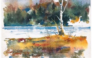 watercolour painting of a river with trees on shorelines