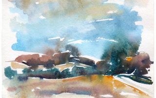 watercolour painting of a landscape with blue sky