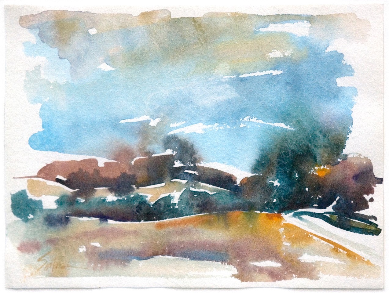 watercolour painting of a landscape with blue sky
