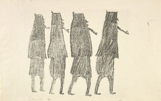 Engraving in black on white paper of the rear view of four female figures.