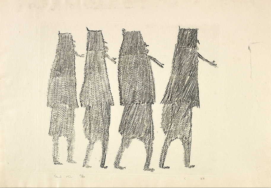 Engraving in black on white paper of the rear view of four female figures.