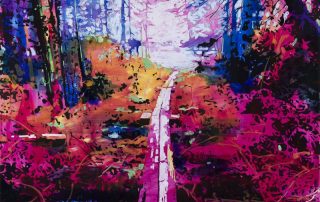 painting of a pathway through woods in bright palette of pink, orange and blue