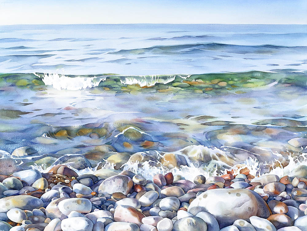 watercolour painting of waves breaking gently on a stony shoreline