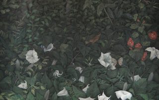 painting of dense foliage with white morning glory flowers in foreground