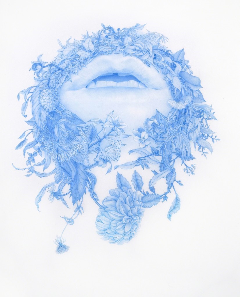 blue image of open mouth with foliage and fruits suggesting mustache and beard